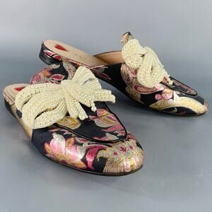 GUCCI Size 9.5 Princetown Black Multi Color Faux Pearl Bows Slip On Flats